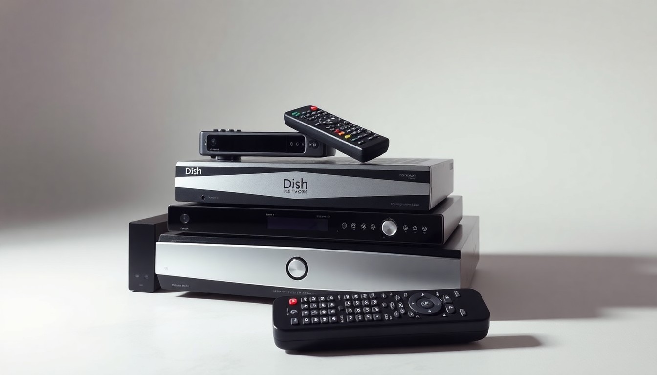 A high-end, photorealistic studio still-life photograph featuring a stack of sleek, polished satellite TV receivers and remote controls, conceptually representing the corporate strategy and market dynamics behind the DISH Network and Gray Media dispute.