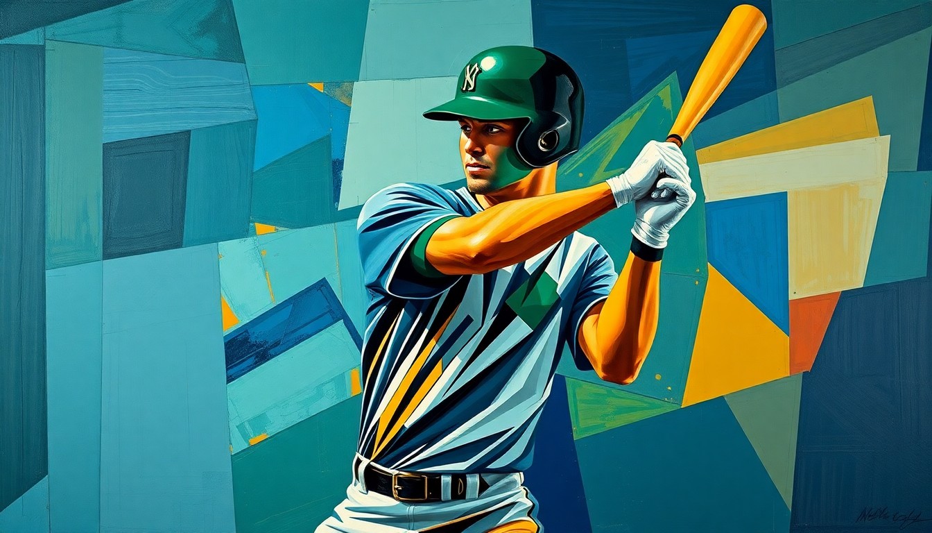 A fragmented, geometric painting depicting the various angles and perspectives of a baseball player's batting motion, with sharp planes of color and form.