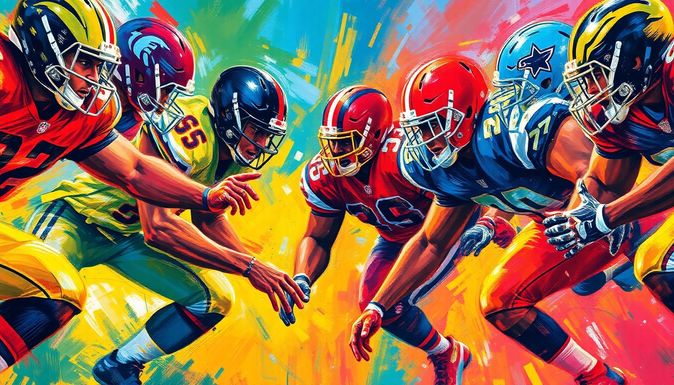 An abstract, textured painting in bright neon colors, depicting the dynamic movement and power of an NFL offensive line.