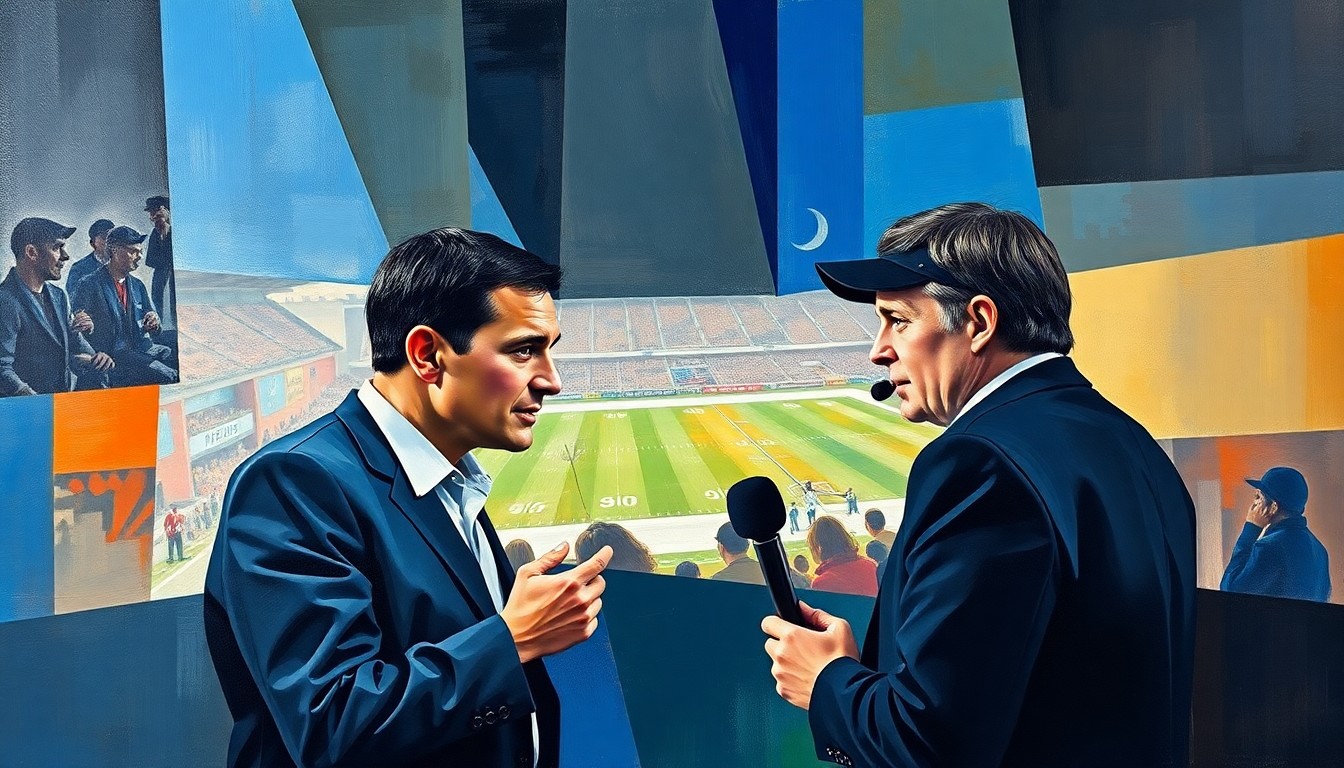 A fragmented, geometric painting depicting the interactions between a sports reporter and a coach, with sharp, overlapping shapes and planes representing the nuanced and multifaceted nature of their relationship.