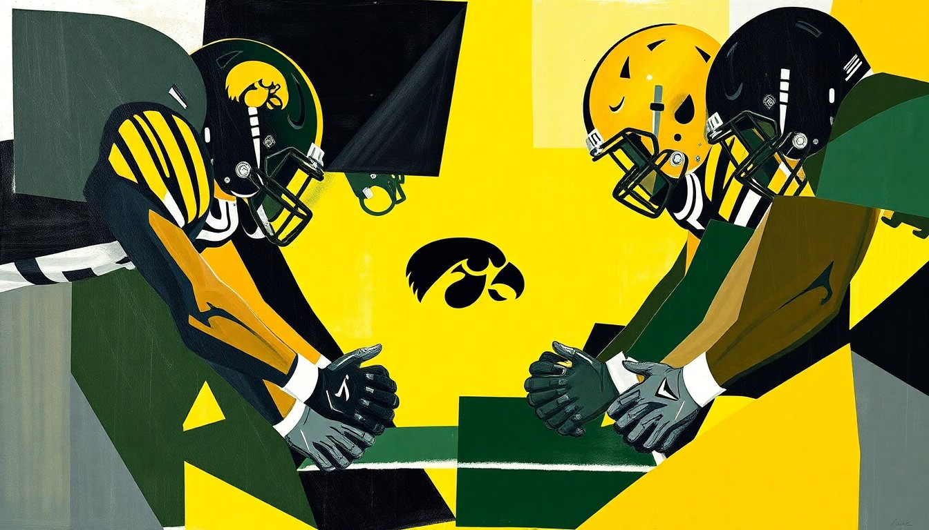 A cubist, geometric painting depicting the overlapping shapes and planes of a college football defensive line, rendered in the team colors of the University of Iowa.