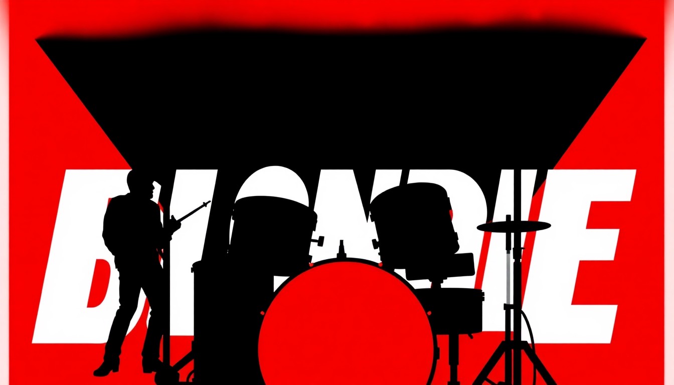 A bold, abstract illustration in the style of Saul Bass, featuring stark geometric shapes and silhouettes in high-contrast colors, representing the iconic Blondie band logo or a drum kit, conceptually capturing the memoir's exploration of the punk music scene.
