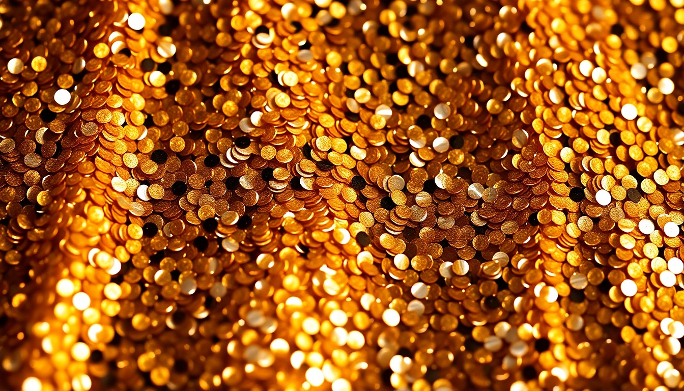 An extreme close-up photograph of shimmering, high-contrast gold and silver sequins, conceptually representing the glamour and energy of a major music event.