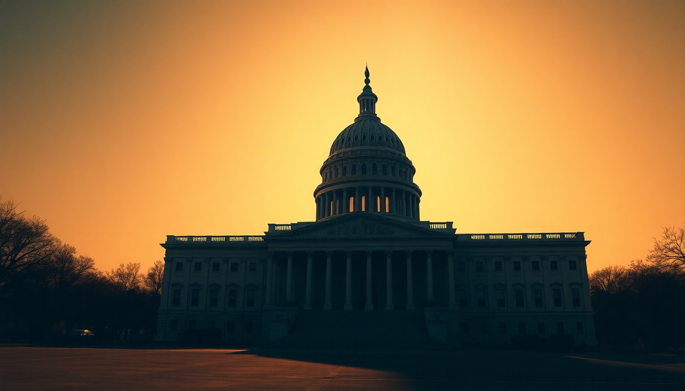 A quiet, cinematic painting of the U.S. Capitol building in warm, golden light and deep shadows, conveying a sense of political tension and unease.