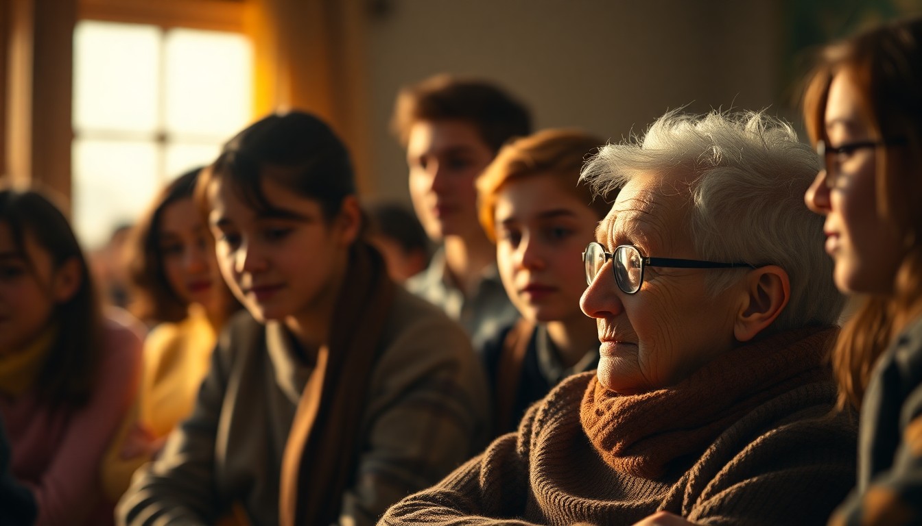 An abstract, impressionistic photograph of students listening to an elderly person speaking, their faces blurred in a warm, hazy light, conveying the emotional weight of the educational experience.