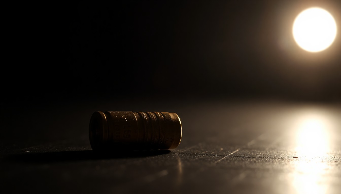 An extreme close-up photograph of a single spent bullet casing on a dark surface, lit by a harsh, direct camera flash, conceptually representing the physical evidence left behind at a crime scene.