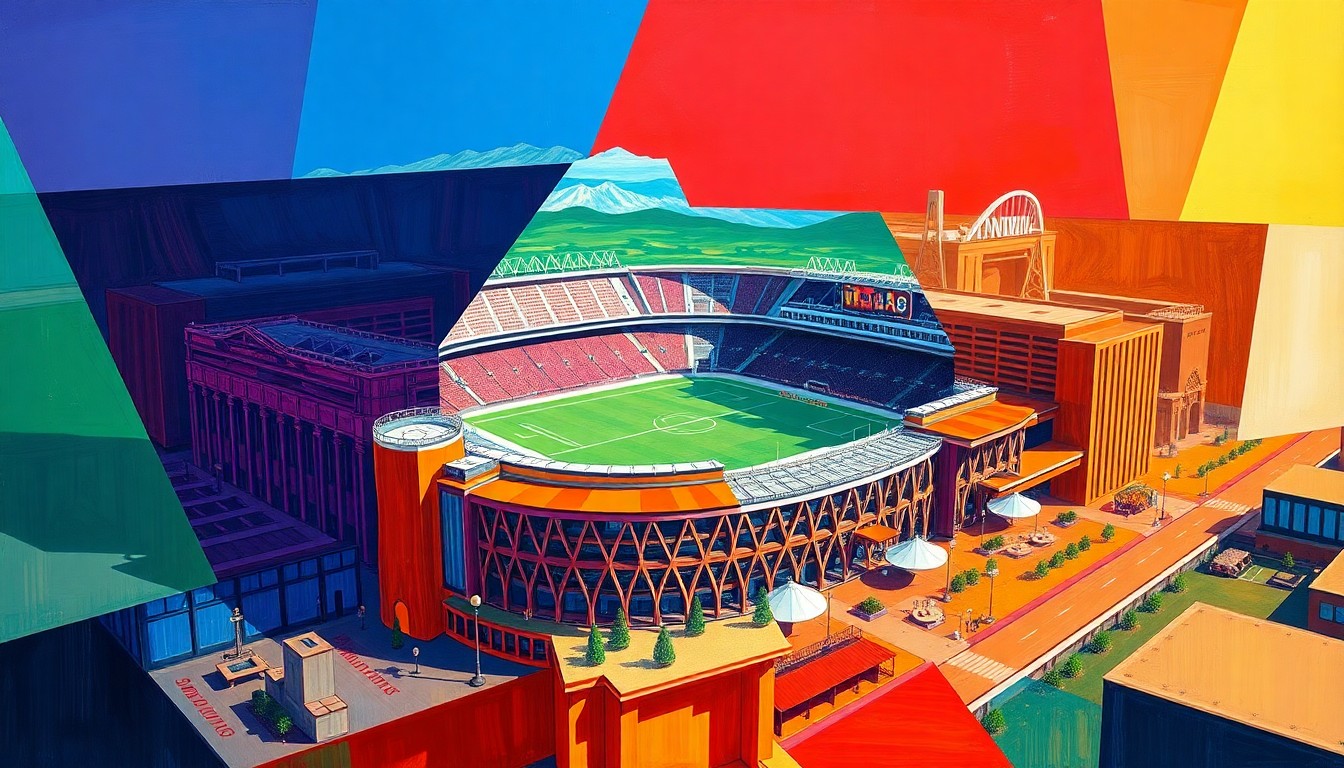 A fractured, cubist-style painting depicting the various components of the proposed 'The Boulevard Reno' development, including a soccer stadium, hotel, casino, and retail spaces, rendered in a vibrant, geometric style.