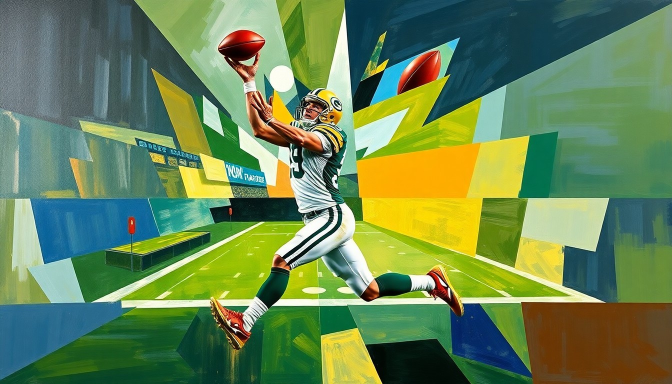 A cubist, geometric painting depicting a Packers wide receiver making a catch, with the player's body broken down into sharp, overlapping planes of color and shape.