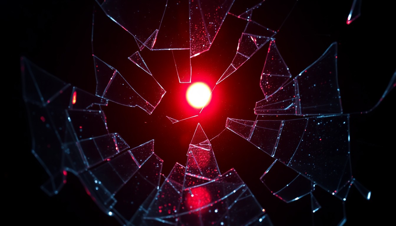 An abstract close-up photograph of shattered glass reflecting a faint red light, conveying the emotional and legal complexities surrounding domestic violence allegations in the entertainment industry.