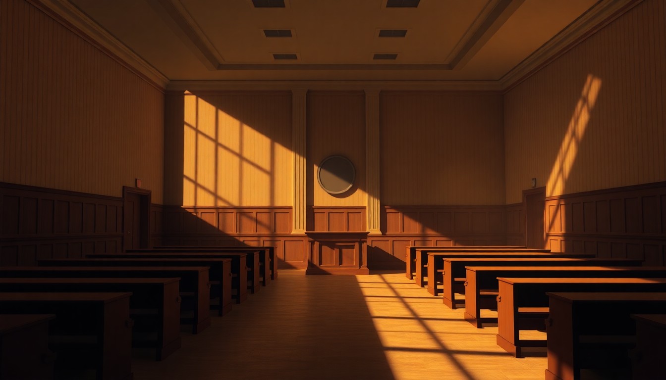 A dimly lit, cinematic painting of an empty courtroom bathed in warm, diagonal sunlight and deep shadows, conveying a sense of quiet contemplation about the future of juvenile justice reform.