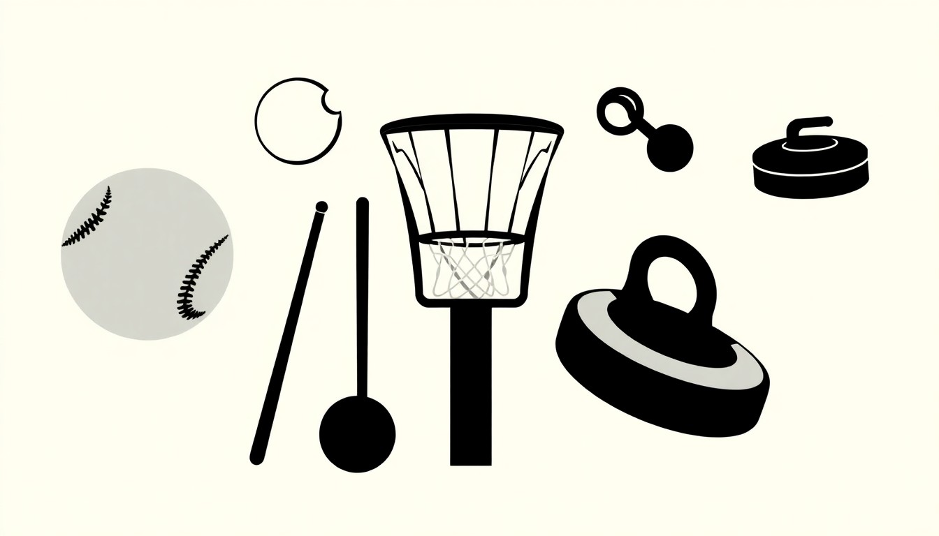 A dynamic, abstract composition of black silhouettes representing sports equipment and iconography, including a baseball, basketball hoop, and curling stone, arranged in a bold, minimalist poster design.