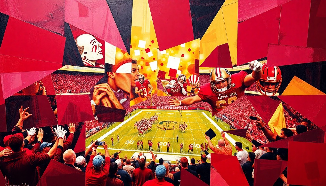 A cubist, geometric painting featuring overlapping planes of garnet and gold, capturing the energy and movement of a Florida State football game or celebration in an abstract, deconstructed style.