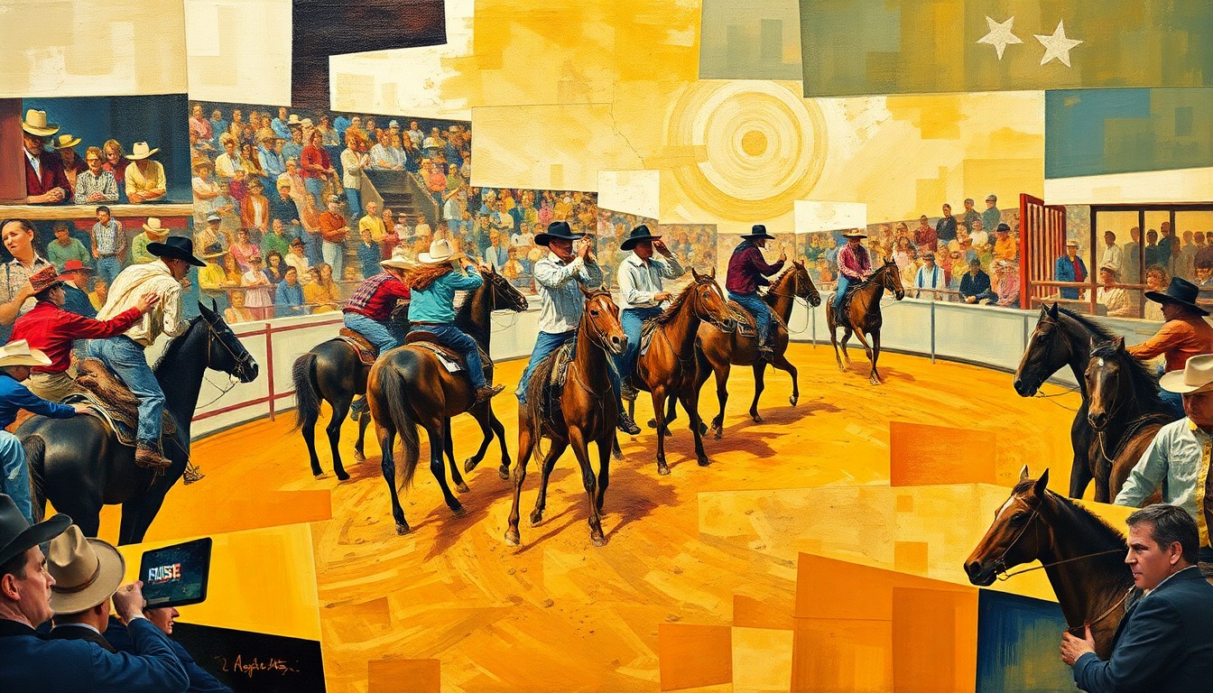A cubist-style painting depicting the chaotic energy and movement of a rodeo competition, with overlapping geometric shapes representing cowboys, horses, and rodeo equipment.