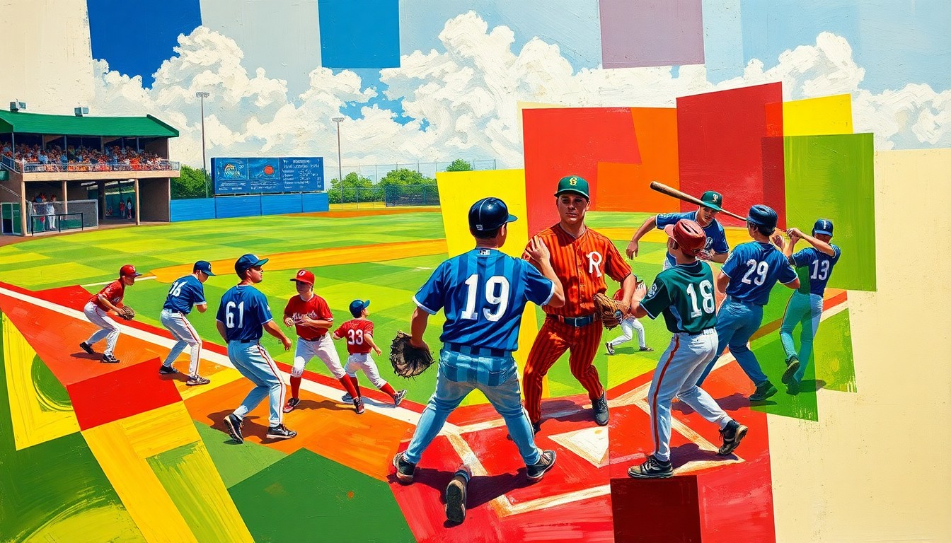 A fragmented, geometric painting in bold colors depicting the dynamic action of a high school baseball game, with players and the field deconstructed into sharp, overlapping planes.