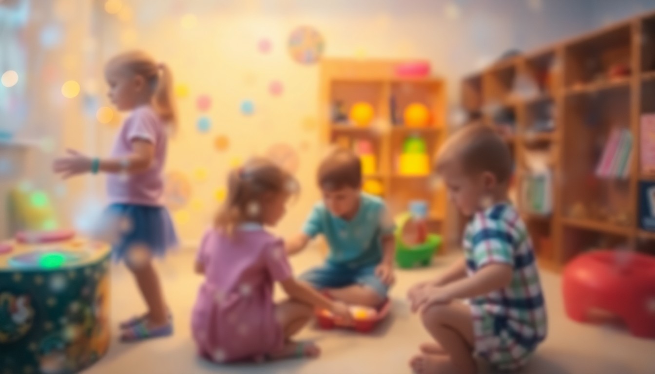 An extremely abstracted, out-of-focus photograph in warm, hazy tones showing children playing and exploring in a sensory room, with colorful shapes and textures blending together in a dreamlike, impressionistic style.