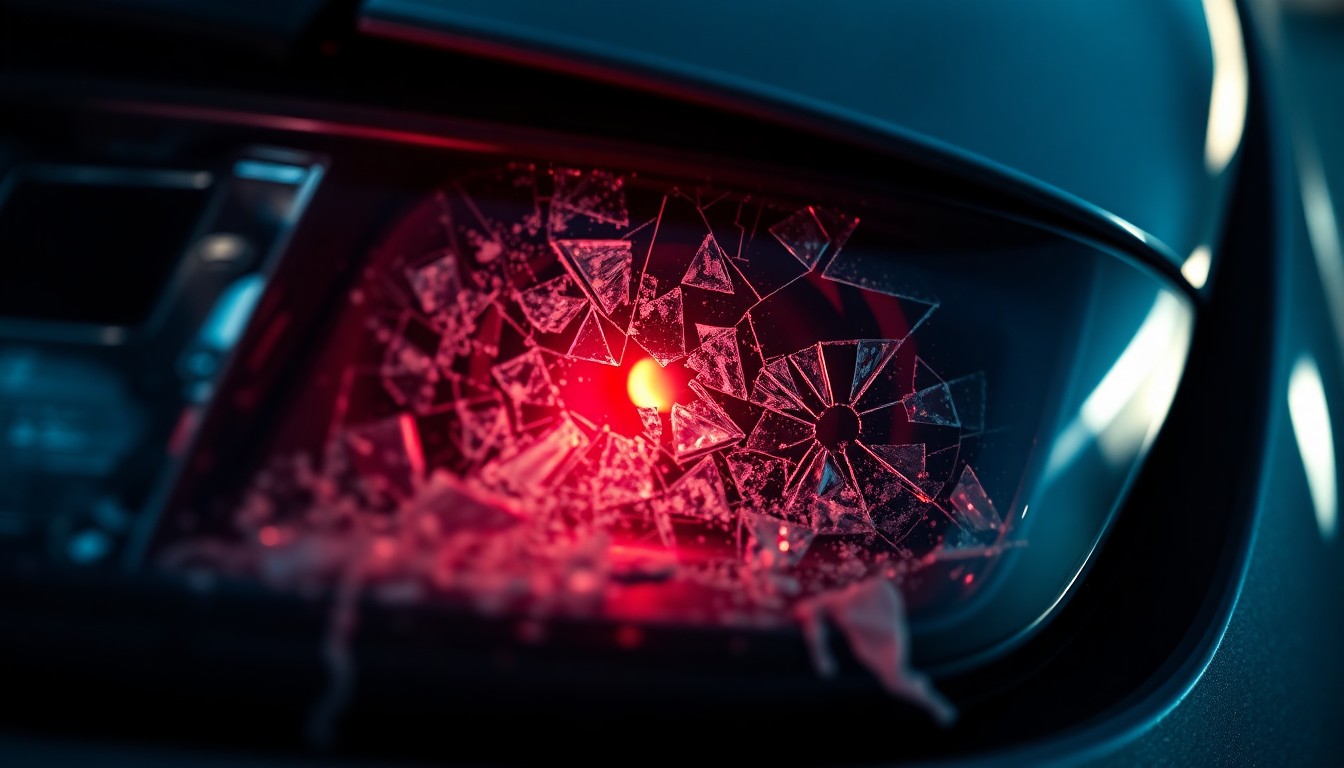 An extreme close-up of a shattered car sensor lens reflecting a faint red light, conceptually illustrating the vandalism of self-driving cars.