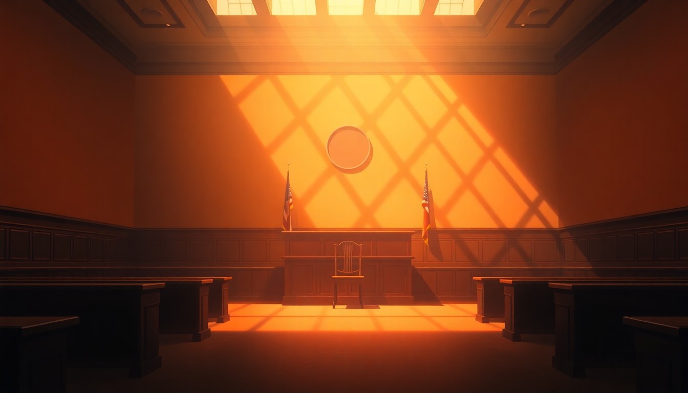 A serene, cinematic painting of an empty courtroom with a single chair at the judge's bench, bathed in warm, diagonal sunlight and deep shadows, conveying a sense of contemplative solemnity.
