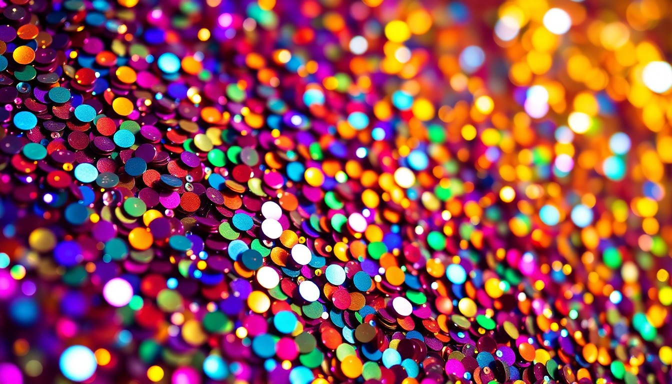 An extreme close-up photograph of shimmering, high-contrast sequins in a variety of bright colors, creating an abstract, glamorous texture that evokes the energy and style of a major music festival.