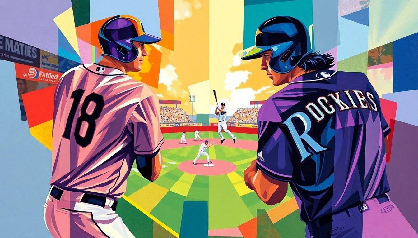 A cubist, geometric painting depicting a baseball game or match, with sharp, overlapping planes of color representing the players and action on the field.