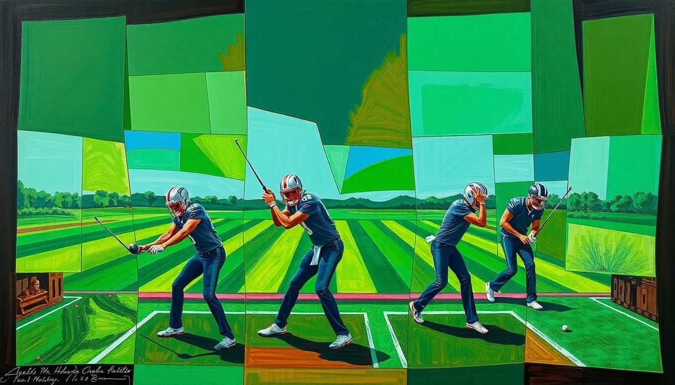 A cubist, geometric painting depicting several football players hitting golf balls at a TopGolf driving range, their forms fractured and abstracted into overlapping planes of vibrant greens, blues, and browns.