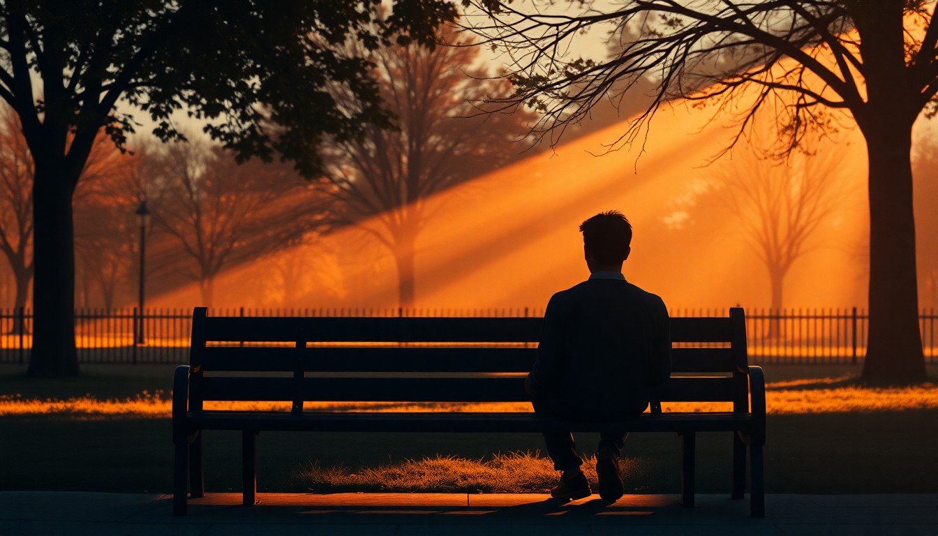 A solitary figure sitting on a park bench, surrounded by warm light and deep shadows, conveying a sense of contemplation and the search for a new beginning.