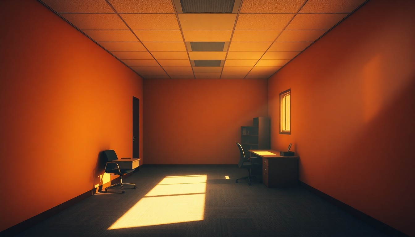 A dimly lit, cinematic government office space with warm, diagonal sunlight streaming through the windows, creating a pensive and uneasy atmosphere that reflects the gravity of the allegations against the former congressman.