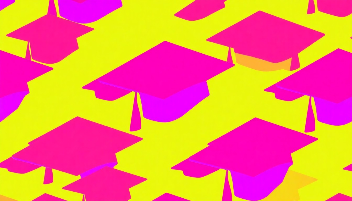 A bold, stylized grid of neon-colored graduation caps in the pop art silkscreen style, conceptually representing the changing of leadership at a major university.
