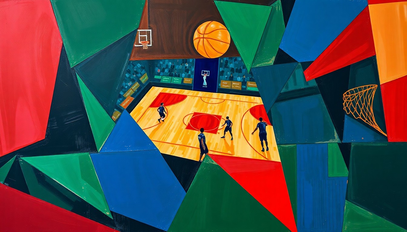 A cubist, geometric painting depicting fragmented, overlapping shapes and planes in shades of blue, green, and red, representing the dynamic action of a basketball game.