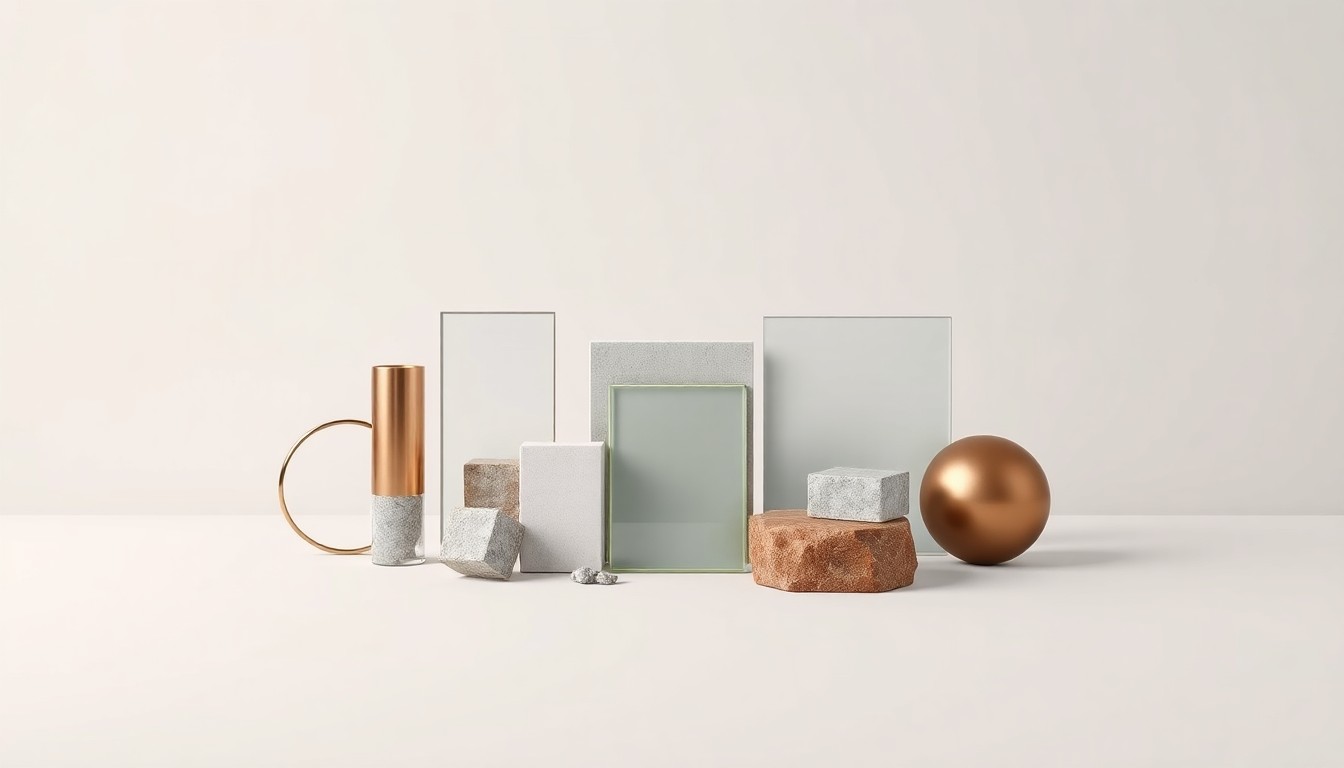 An abstract studio still life photograph featuring a collection of polished geometric shapes and premium materials arranged elegantly on a clean, monochromatic background, conceptually representing the complex issues surrounding affordable housing development.