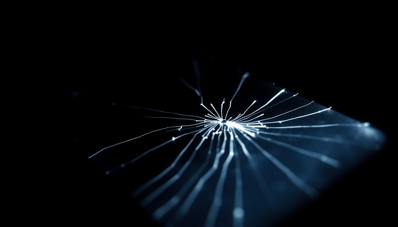 An extreme close-up photograph of a cracked cell phone screen, lit by a harsh, direct flash against a dark background, conceptually representing the digital privacy concerns raised by this crime.