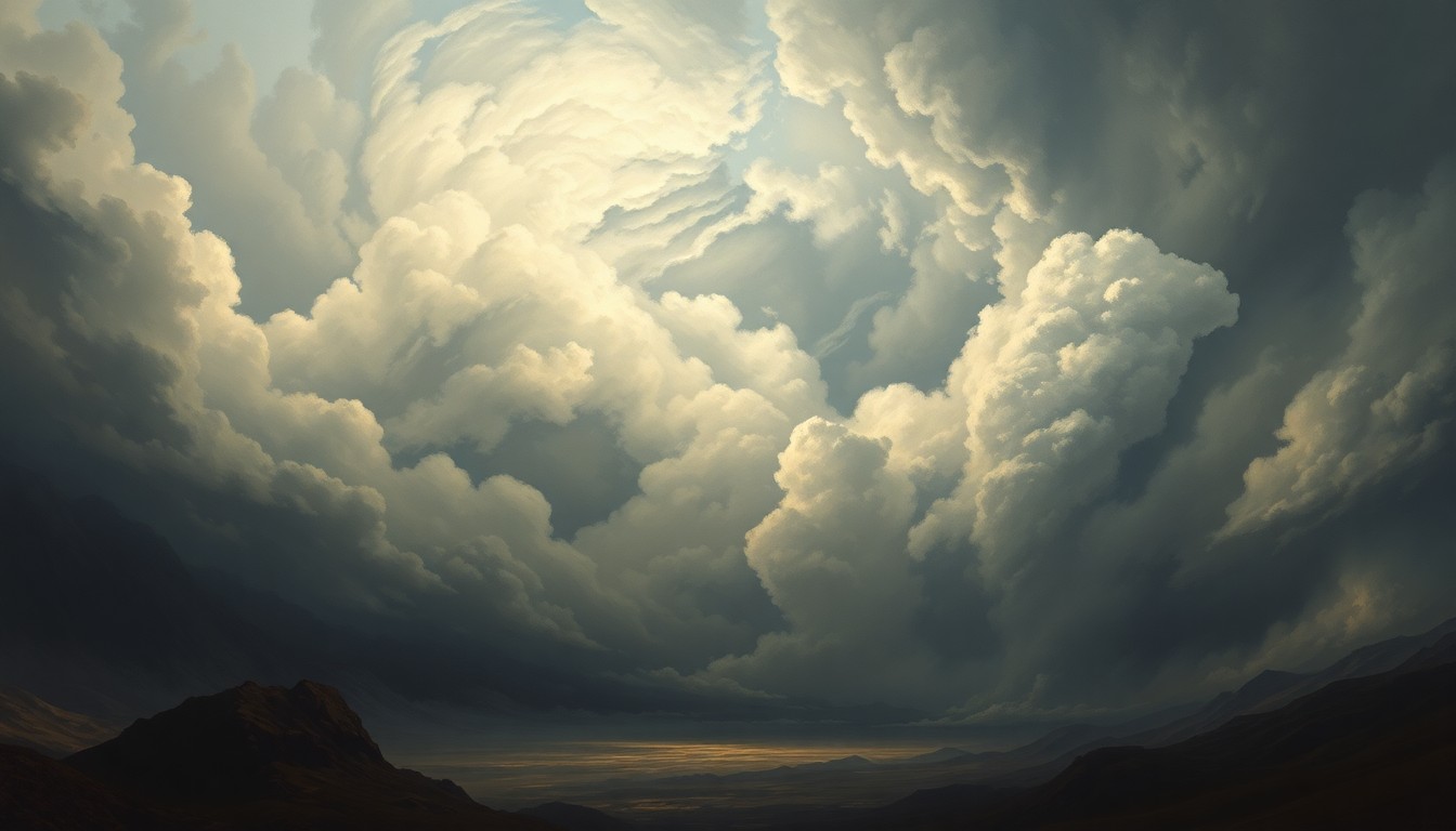 A sweeping, atmospheric landscape painting in muted tones of grey, blue, and green, with a massive, swirling storm system dominating the sky and casting an ominous shadow over the landscape below, conveying a sense of the overwhelming, sublime power of nature.