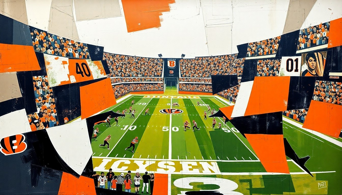 A cubist, geometric painting depicting a football game, with overlapping planes of orange, black, and white representing the players and action on the field.