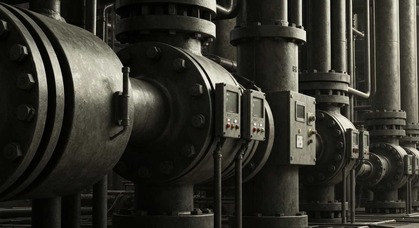 An extreme close-up of heavy, industrial machinery and equipment related to oil and gas transportation, conveying the scale and importance of the Strait of Hormuz to global energy markets.