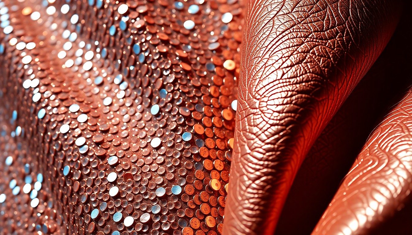An extreme close-up of glittering sequins and shimmering iridescent leather, capturing the luxurious textures and high-fashion glamour of Meghan Markle's wardrobe.