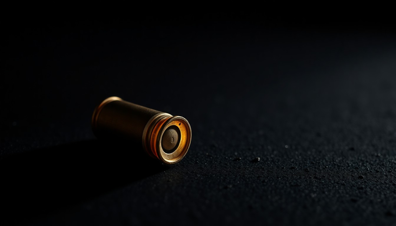 An extreme close-up of a single spent shell casing on a dark, textured surface, capturing the stark, investigative aesthetic of Weegee's crime photography.