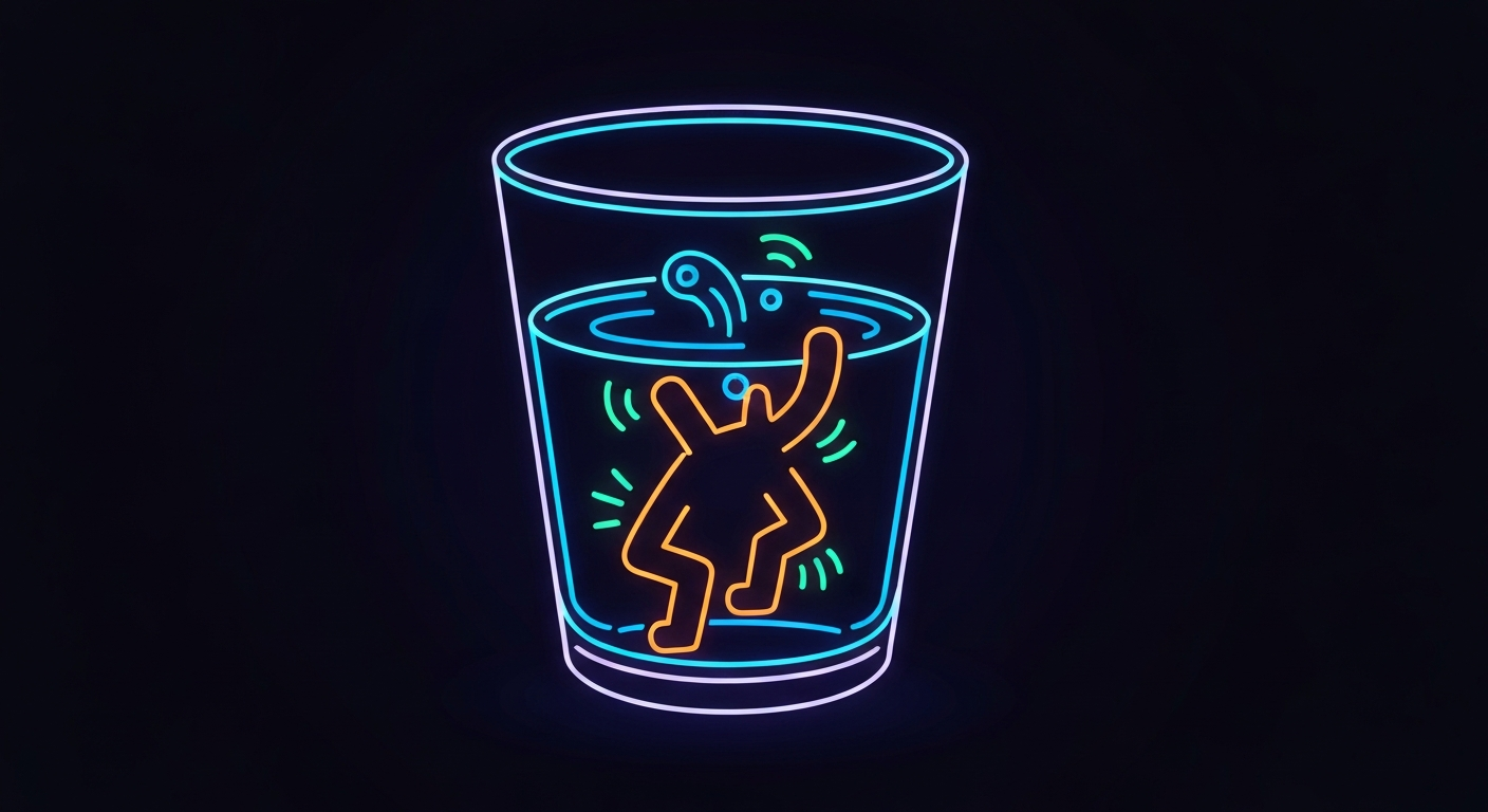 An extreme close-up of a glass filled with a glowing, neon-outlined liquid, conceptually representing the structured water at the core of the Gel Water Diet System's approach.