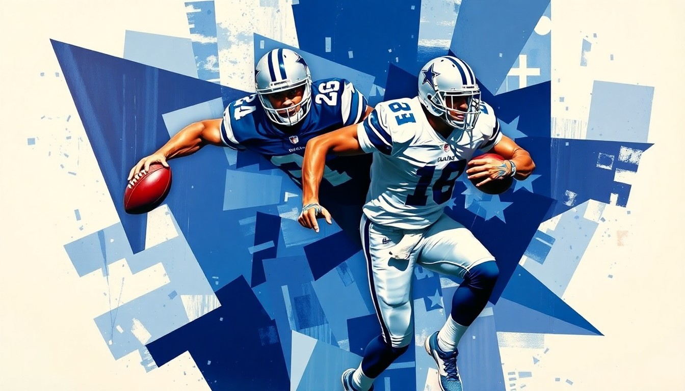 A fractured, multi-perspective painting depicting a football player in motion, with sharp geometric shapes and planes of navy blue, silver, and white representing the Dallas Cowboys' search for a new elite pass rusher.