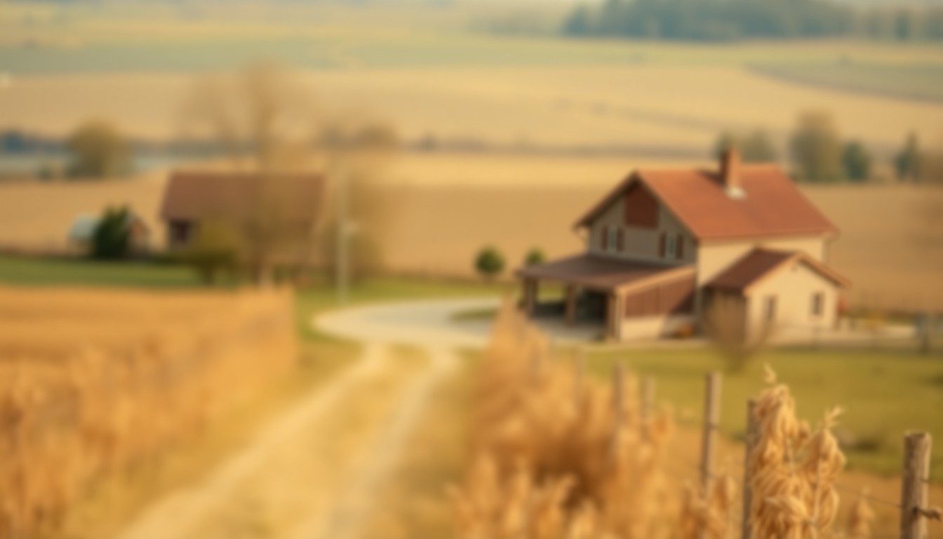 A softly focused, atmospheric photograph in muted earth tones depicting the peaceful countryside, conveying a sense of nostalgia and the timeless nature of small-town life.