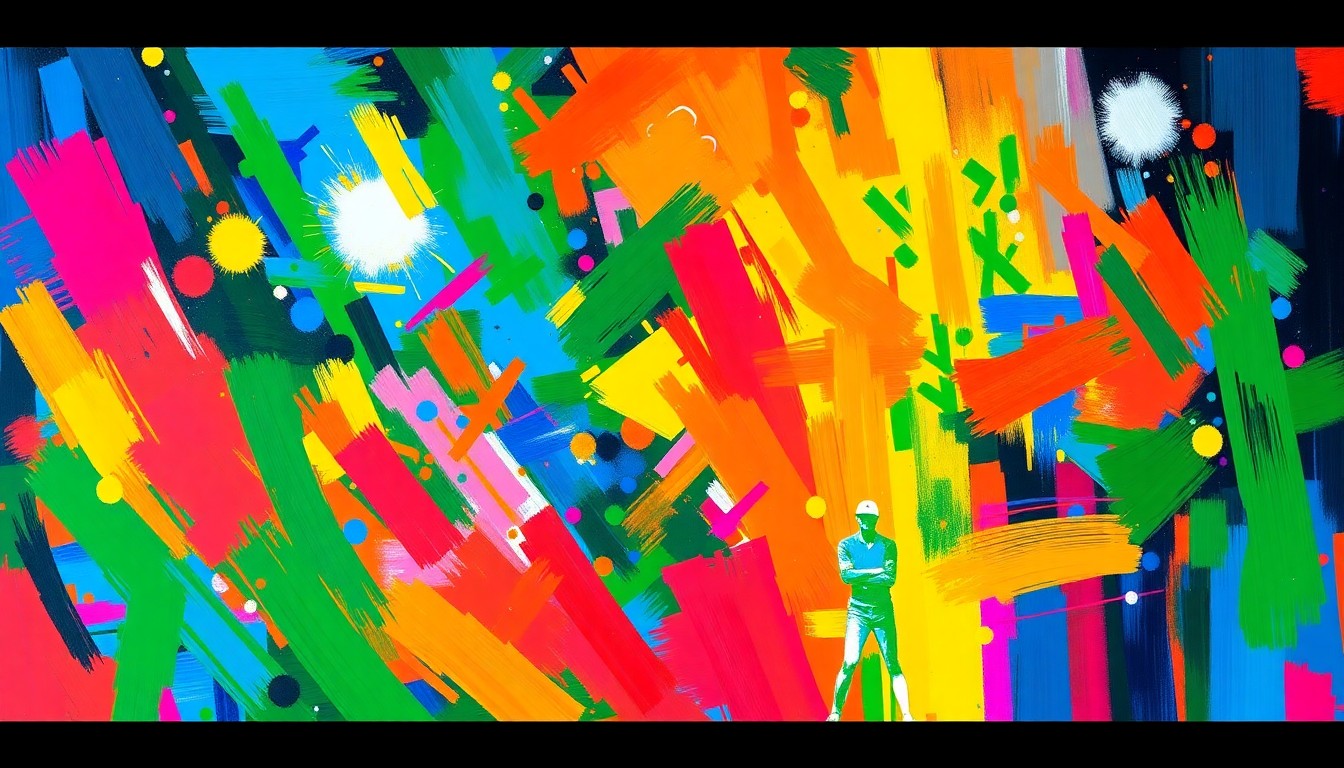 An abstract, textured painting in bright neon colors, with sweeping brushstrokes and dissolving shapes that evoke the dynamic atmosphere of a prestigious golf event.