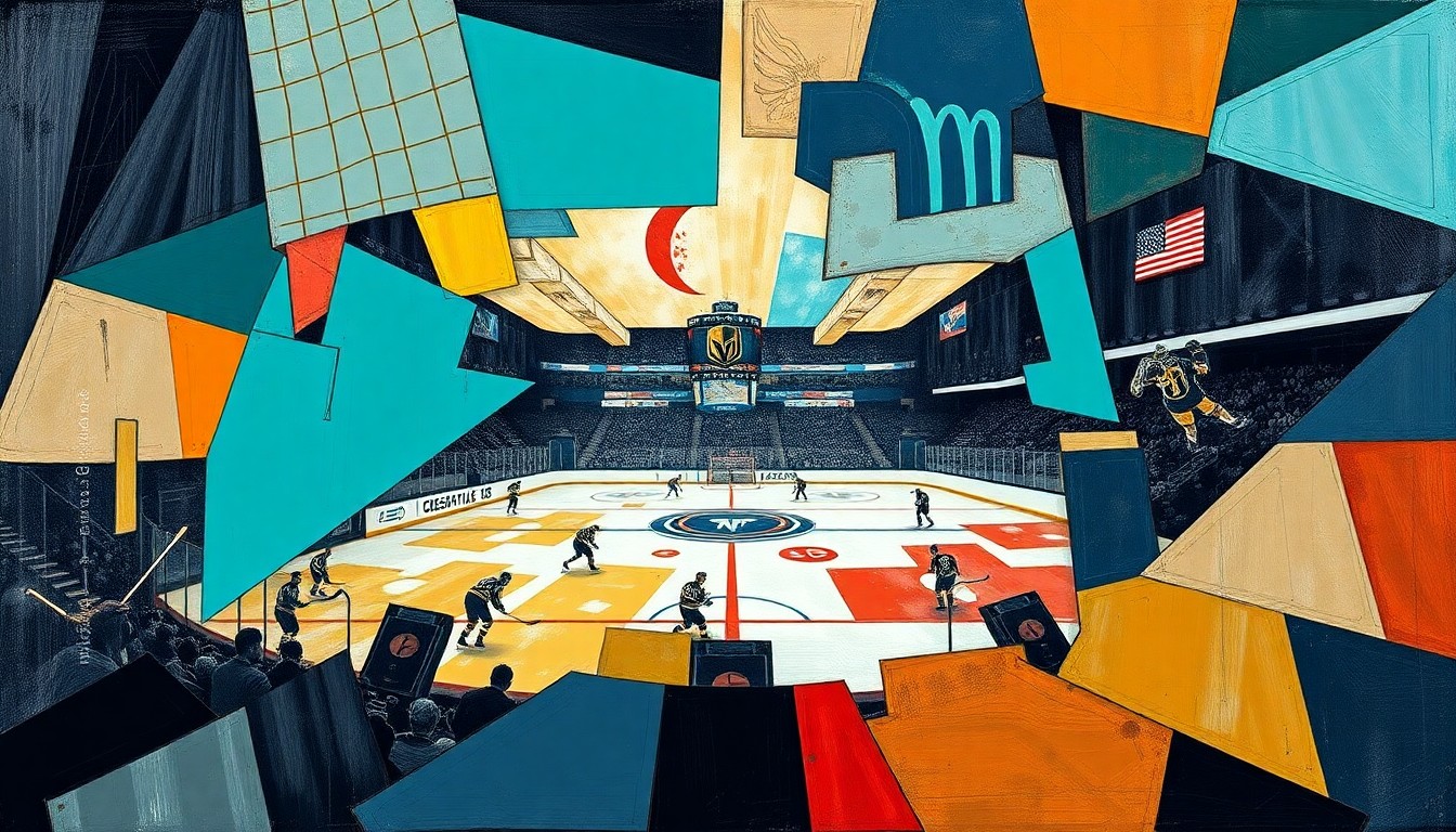 A cubist, geometric painting depicting a hockey game, with the players and ice broken down into overlapping planes of color representing the team uniforms of the Vegas Golden Knights and Seattle Kraken.