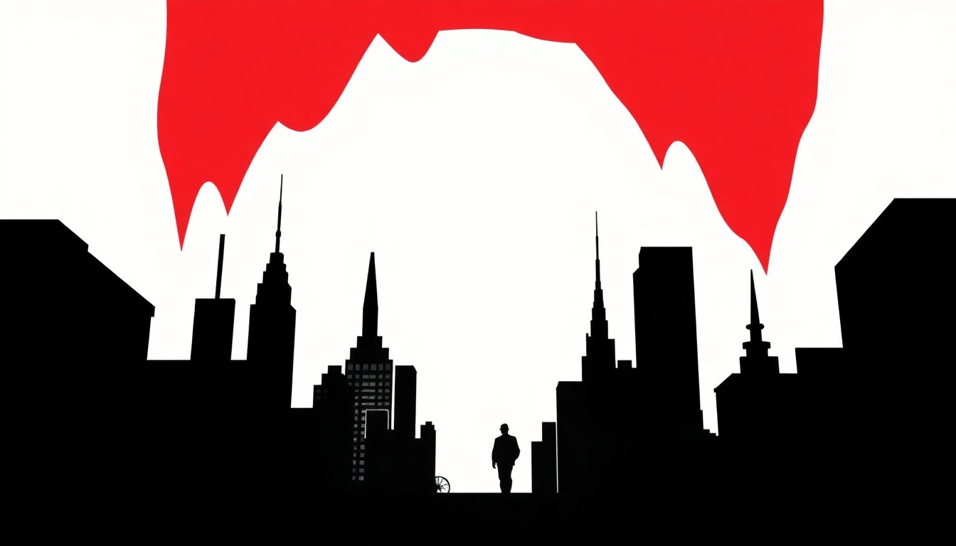An abstract, geometric composition of jagged black silhouettes and bold red shapes, conceptually representing the mysterious sci-fi world of The Boroughs without using any literal imagery.