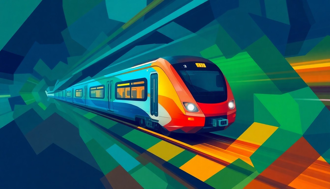 A fractured, abstract painting depicting a high-speed train in motion, with overlapping geometric shapes and vibrant colors representing the complex and contentious nature of the infrastructure project.