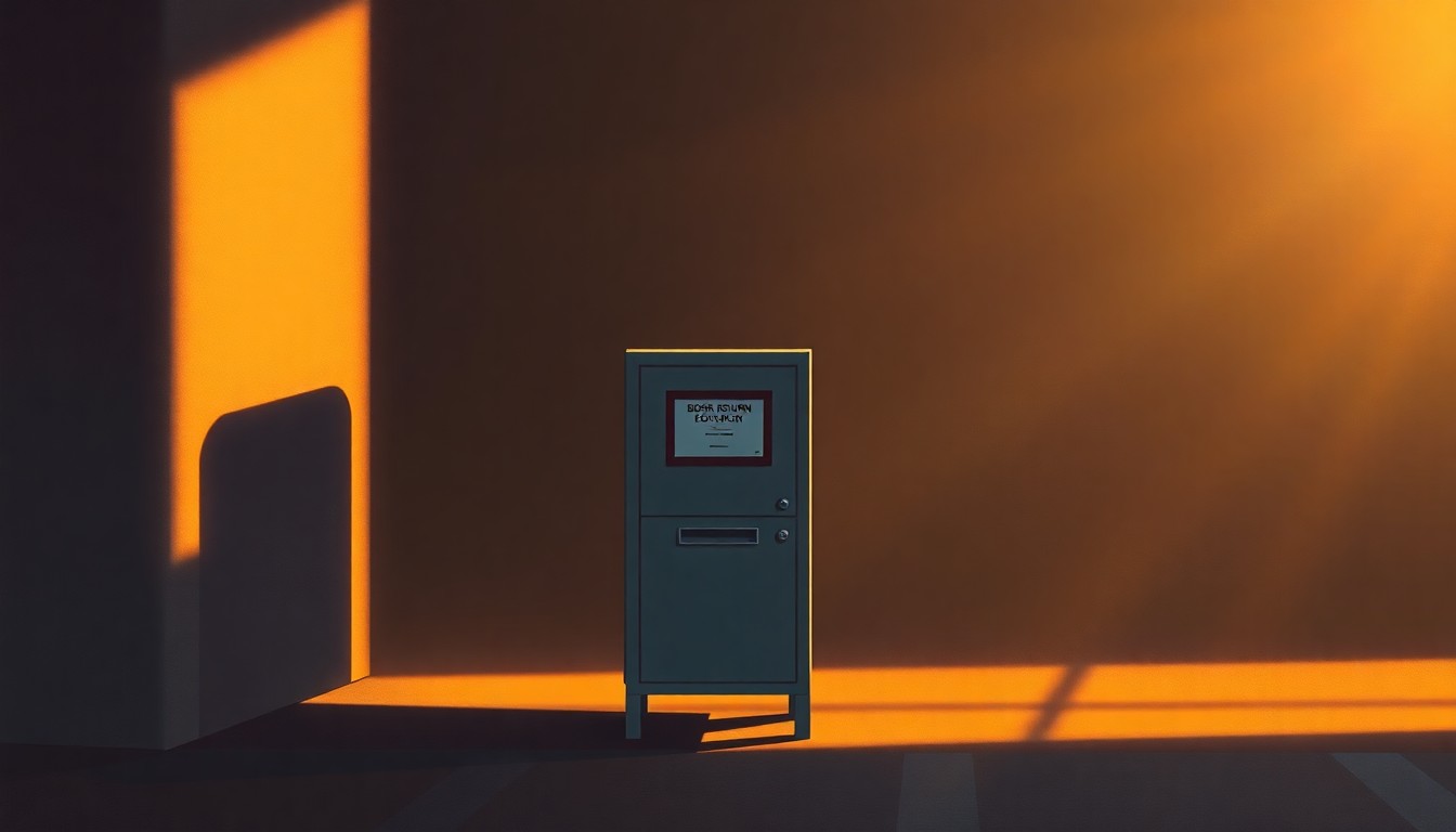 A photorealistic oil painting depicting the warm, shadowy silhouette of a library book return drop box, symbolizing the quiet civic duty and public trust placed in local institutions.