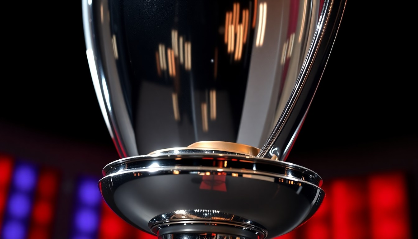 An extreme close-up photograph of a highly reflective, metallic trophy surface, capturing the dramatic light and shadow to create a sense of prestige and glamour associated with winning a major game show competition.