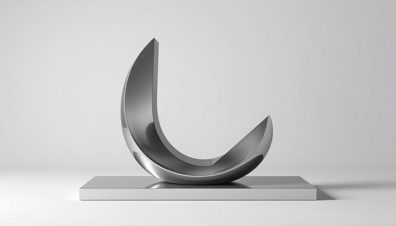 A highly polished, geometric sculpture made of brushed aluminum and glass, arranged elegantly on a clean, monochromatic background, conceptually representing urban renewal and economic revitalization.