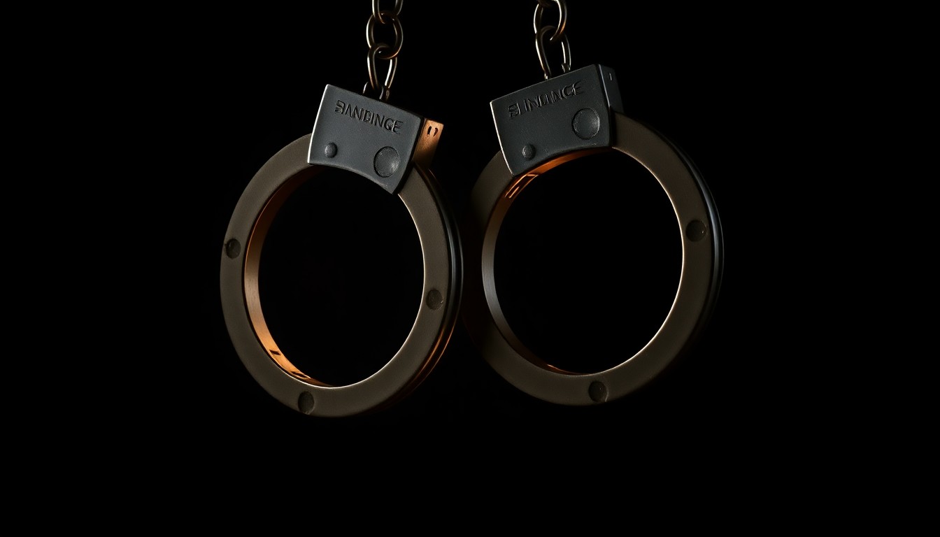 An extreme close-up photograph of a set of handcuffs against a pitch-black background, lit by a harsh, direct camera flash, conceptually representing the gritty investigation of an unsolved murder case.