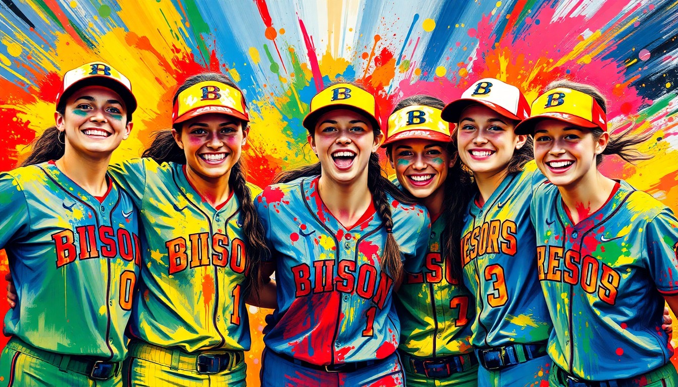 An abstract, expressionist painting in neon colors featuring rapid brushstrokes and dissolving figures, conveying the raw energy and celebratory mood of a significant softball milestone.