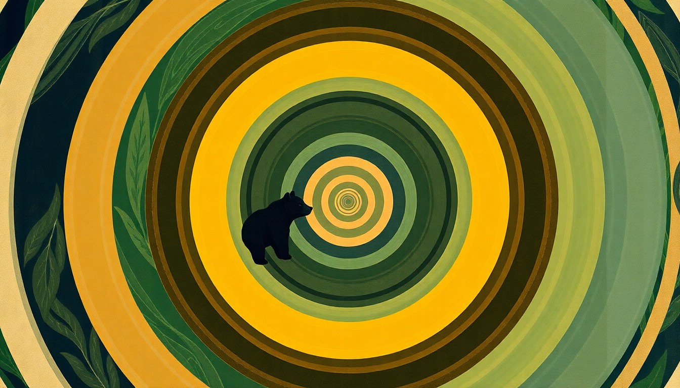 A bold, abstract painting in earthy tones of green, brown, and blue, featuring sweeping geometric arcs, concentric circles, and precise botanical spirals, conceptually representing the complex biological and ecological forces at play in the rehabilitation of orphaned bear cubs.