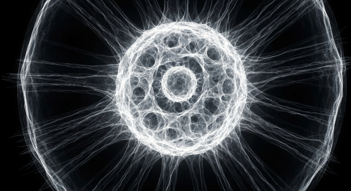 An abstract, ghostly X-ray image revealing the complex internal structure of a cancer cell, conveying the scientific and medical nature of EpimAb's novel therapeutic platform.