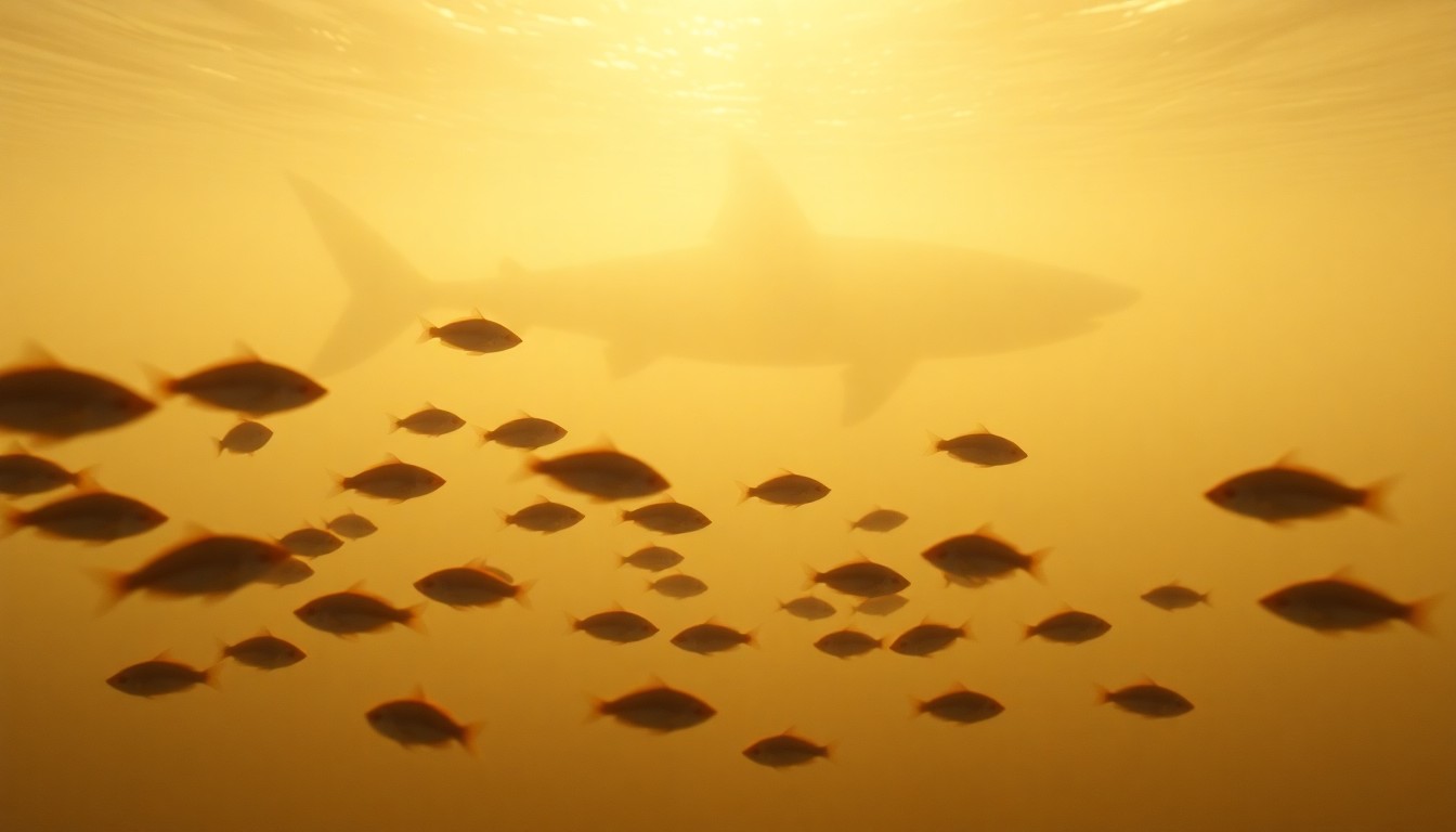 A blurred, impressionistic photograph in soft, warm colors depicting a school of small fish swimming through the sunlit waters of the Chesapeake Bay, with the faint outline of a massive megalodon shark silhouette visible in the background, conceptually representing Maryland's connection to this ancient sea creature.